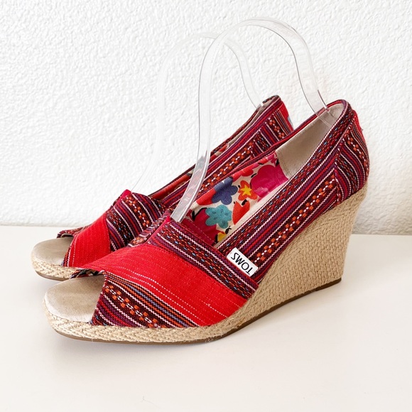 Toms Shoes - Toms Lina Red Canvas Embroidered Wedges Size 8.5